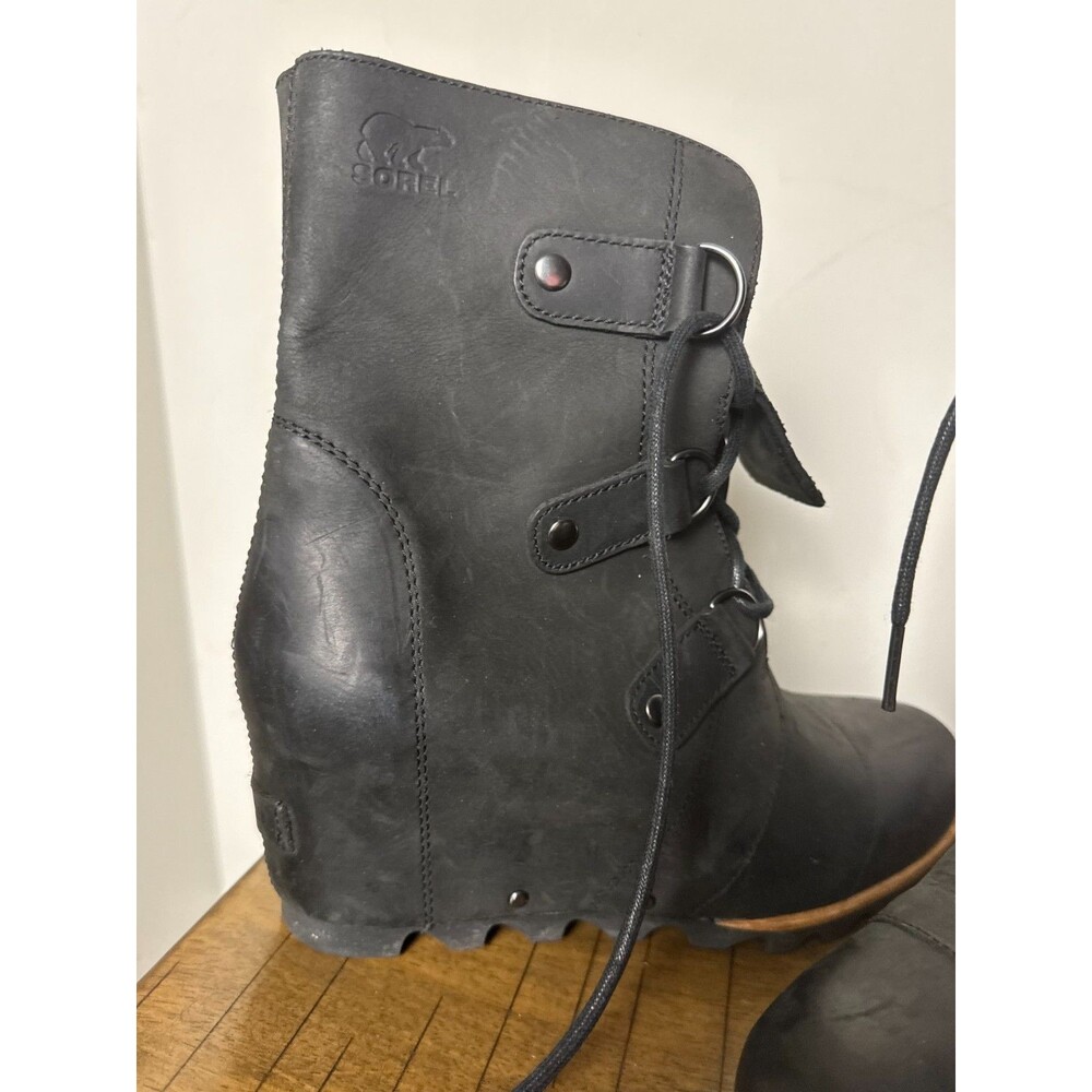 Sorel Black Leather Wedge Boots Lace Up Moto Biker Grunge Women's 9.5 - Picture 9 of 9